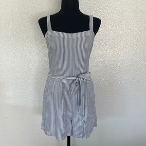 Hollister Blue and White Striped Romper with Belt Size Large